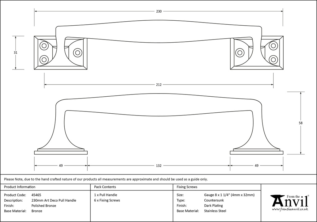 Polished Bronze 230mm Art Deco Pull Handle - 45465 - Technical Drawing