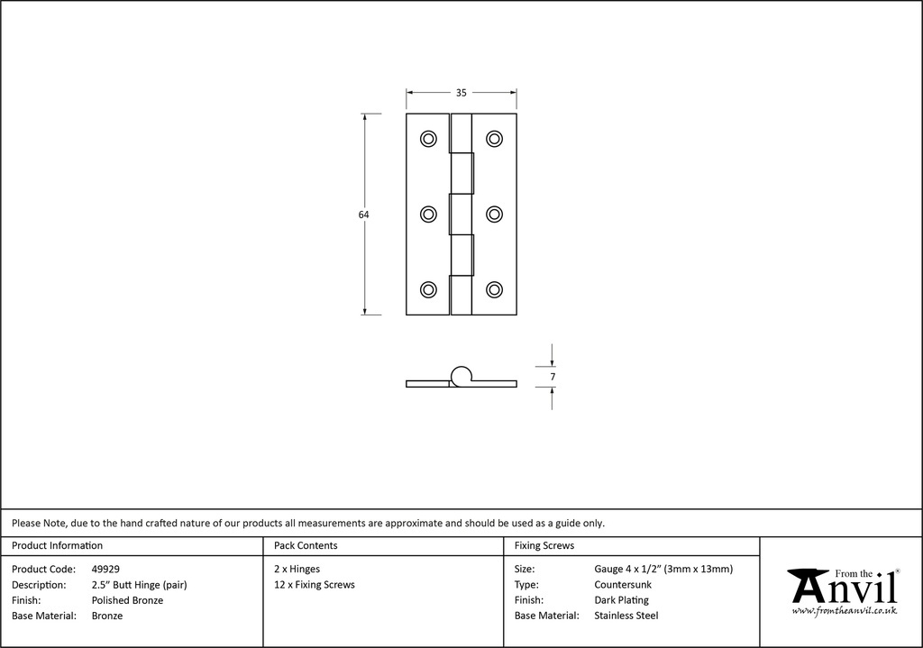 Polished Bronze 2.5&quot; Butt Hinge (pair) - 49929 - Technical Drawing