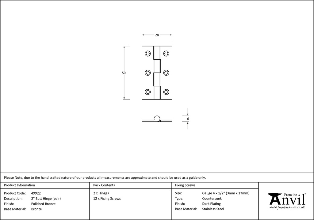 Polished Bronze 2&quot; Butt Hinge (pair) - 49922 - Technical Drawing