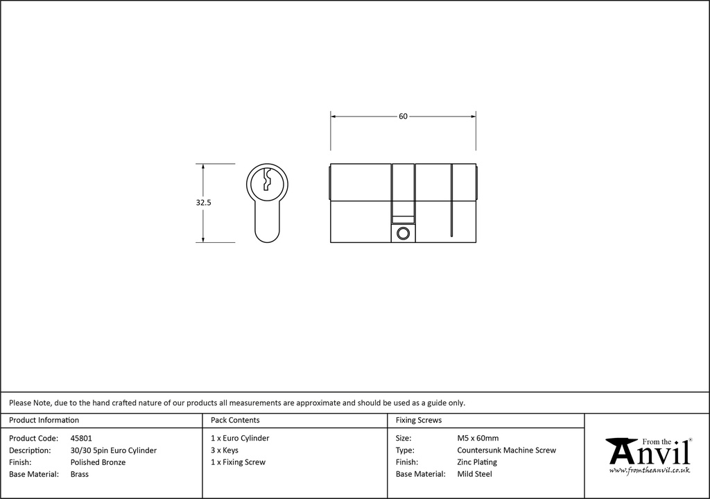 Polished Bronze 30/30 5pin Euro Cylinder - 45801 - Technical Drawing