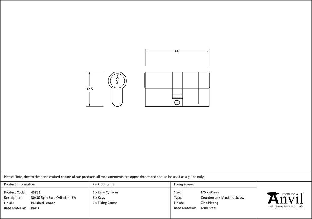 Polished Bronze 30/30 5pin Euro Cylinder KA - 45821 - Technical Drawing