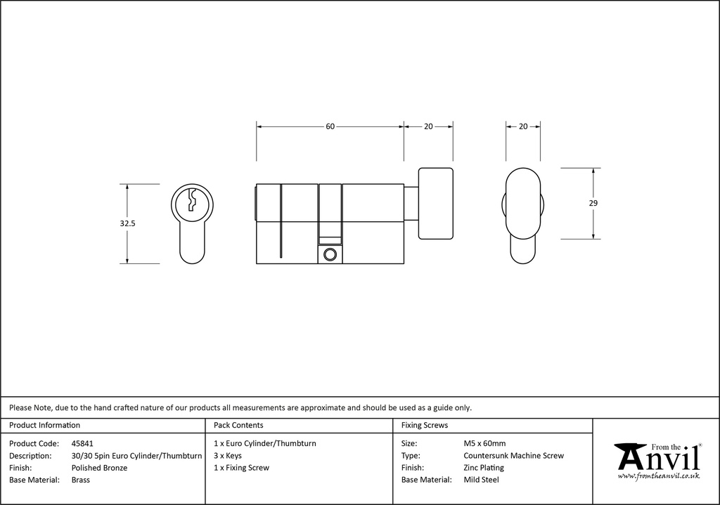 Polished Bronze 30/30 5pin Euro Cylinder/Thumbturn - 45841 - Technical Drawing