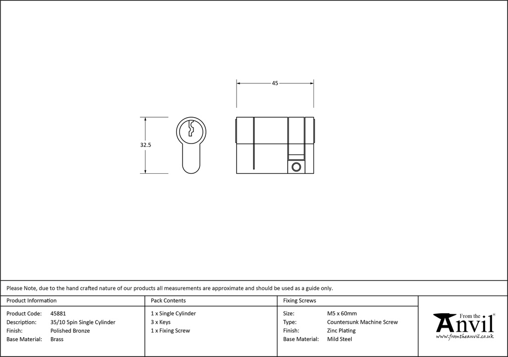 Polished Bronze 35/10 5pin Single Cylinder - 45881 - Technical Drawing