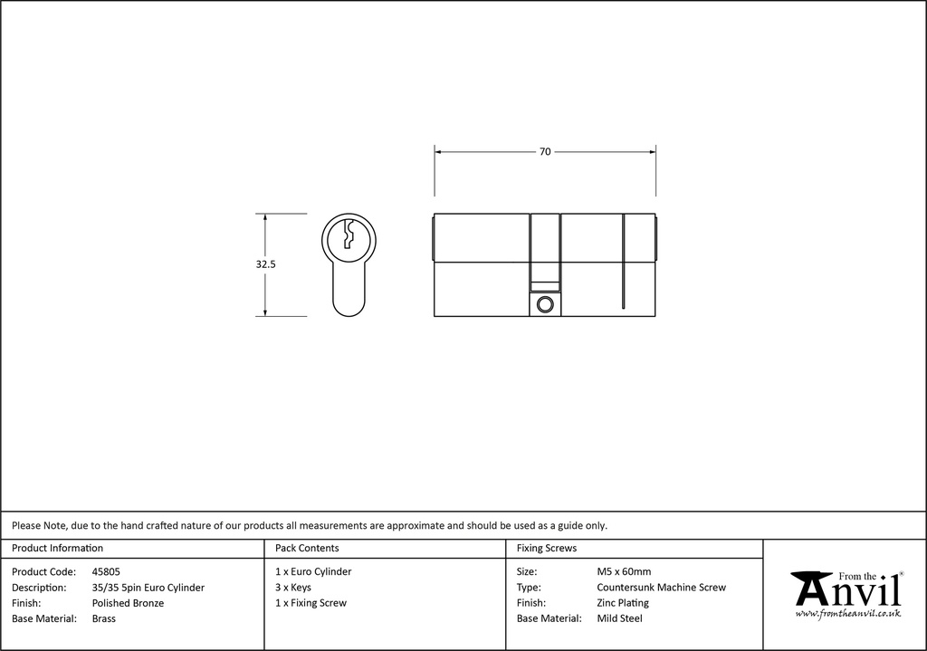 Polished Bronze 35/35 5pin Euro Cylinder - 45805 - Technical Drawing