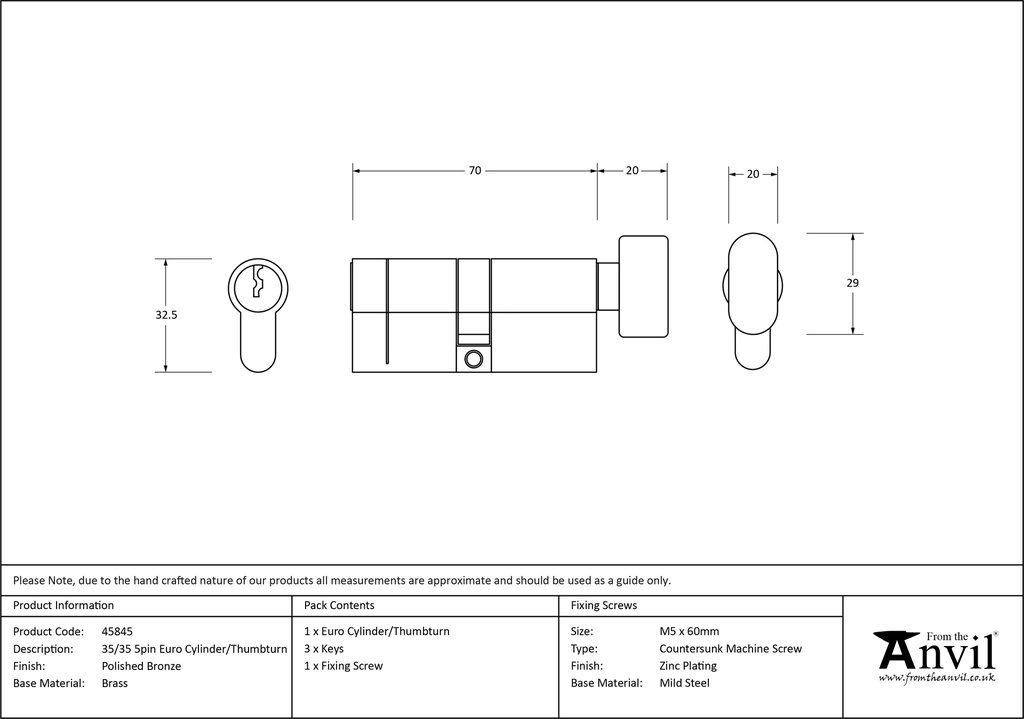 Polished Bronze 35/35 5pin Euro Cylinder/Thumbturn - 45845 - Technical Drawing