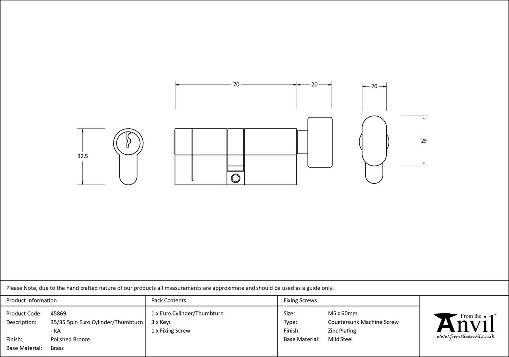 Polished Bronze 35/35 5pin Euro Cylinder/Thumbturn KA - 45869 - Technical Drawing