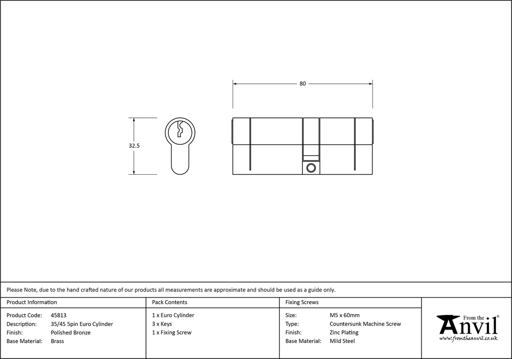 Polished Bronze 35/45 5pin Euro Cylinder - 45813 - Technical Drawing