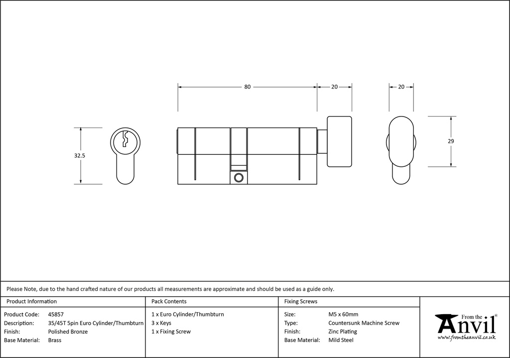 Polished Bronze 35/45T 5pin Euro Cylinder/Thumbturn - 45857 - Technical Drawing