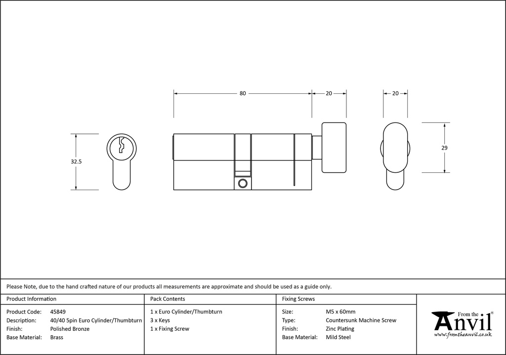 Polished Bronze 40/40 5pin Euro Cylinder/Thumbturn - 45849 - Technical Drawing