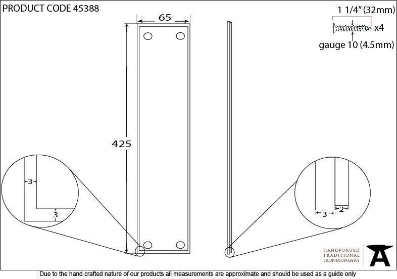 Polished Bronze 425mm Art Deco Fingerplate - 45388 - Technical Drawing