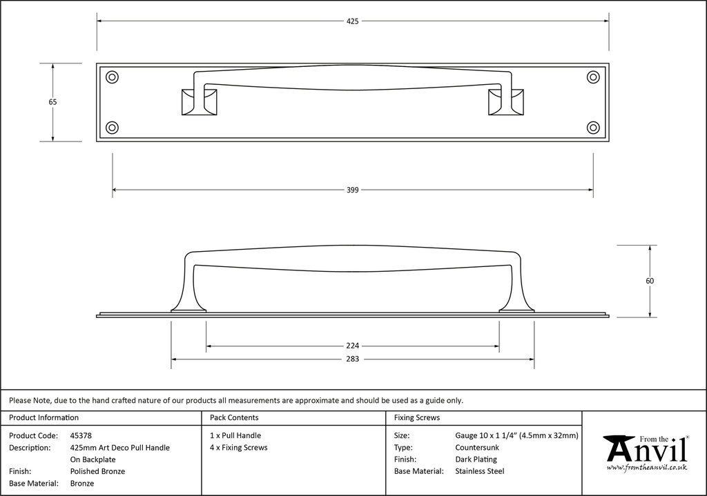 Polished Bronze 425mm Art Deco Pull Handle on Backplate - 45378 - Technical Drawing