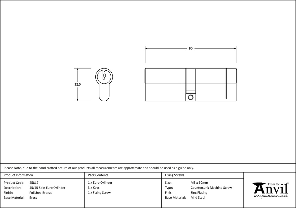 Polished Bronze 45/45 5pin Euro Cylinder - 45817 - Technical Drawing