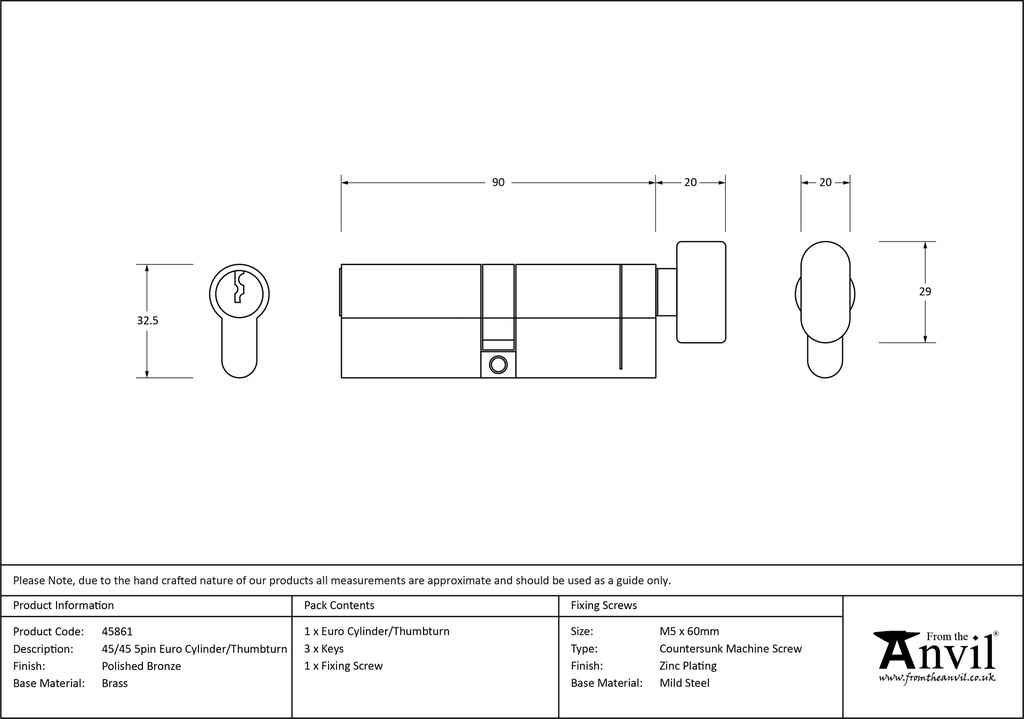 Polished Bronze 45/45 5pin Euro Cylinder/Thumbturn - 45861 - Technical Drawing