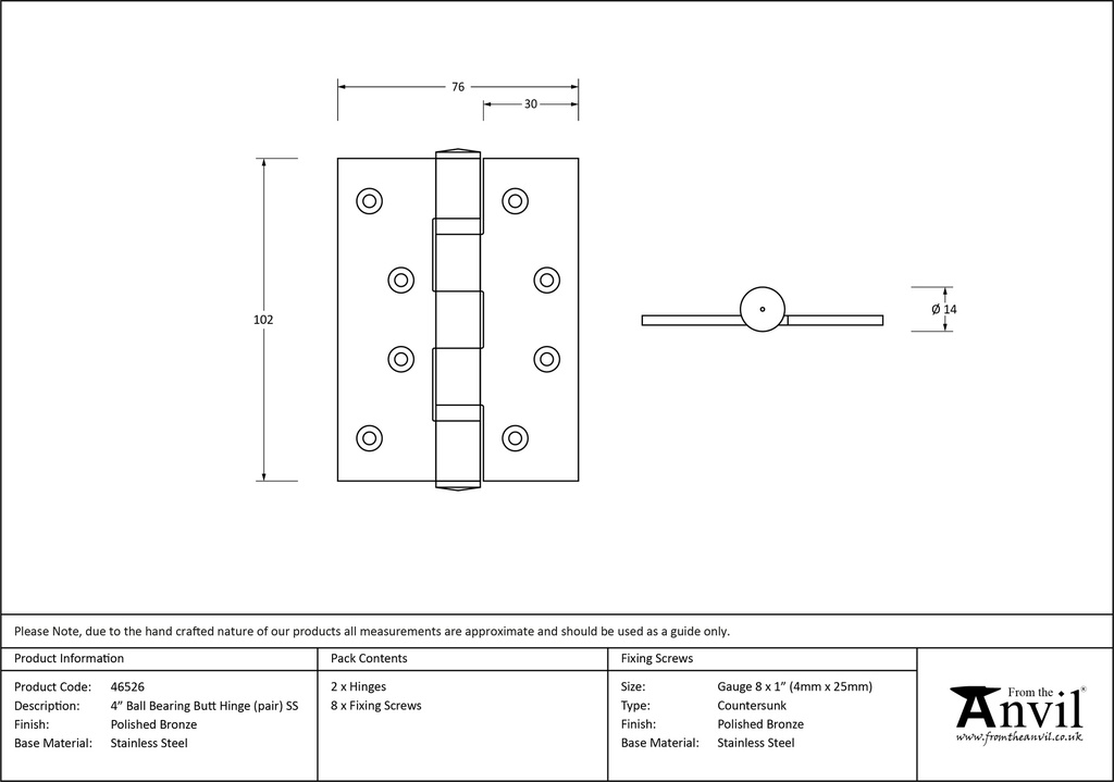 Polished Bronze 4&quot; Ball Bearing Butt Hinge (pair) ss - 46526 - Technical Drawing