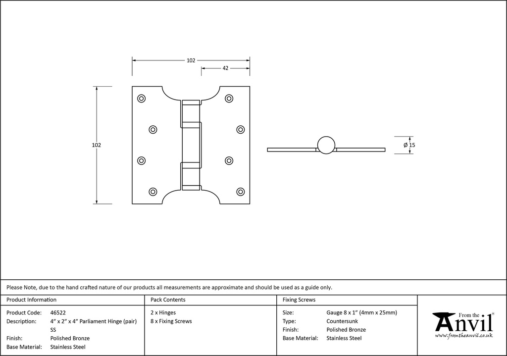 Polished Bronze 4&quot; x 2&quot; x 4&quot;  Parliament Hinge (pair) ss - 46522 - Technical Drawing