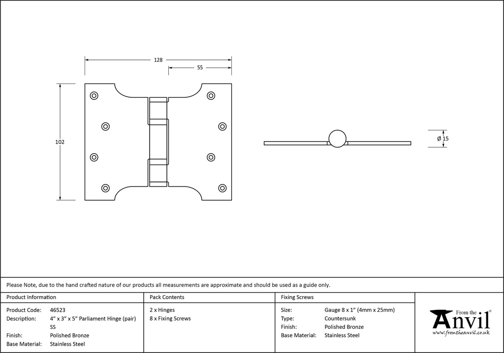 Polished Bronze 4&quot; x 3&quot; x 5&quot;  Parliament Hinge (pair) ss - 46523 - Technical Drawing