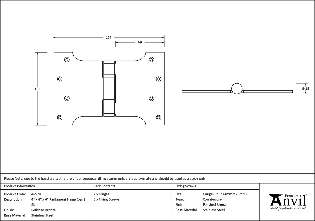 Polished Bronze 4&quot; x 4&quot; x 6&quot;  Parliament Hinge (pair) ss - 46524 - Technical Drawing