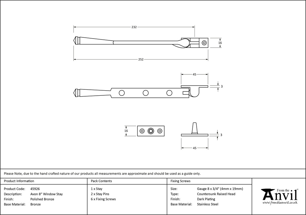 Polished Bronze 8&quot; Avon Stay - 45926 - Technical Drawing