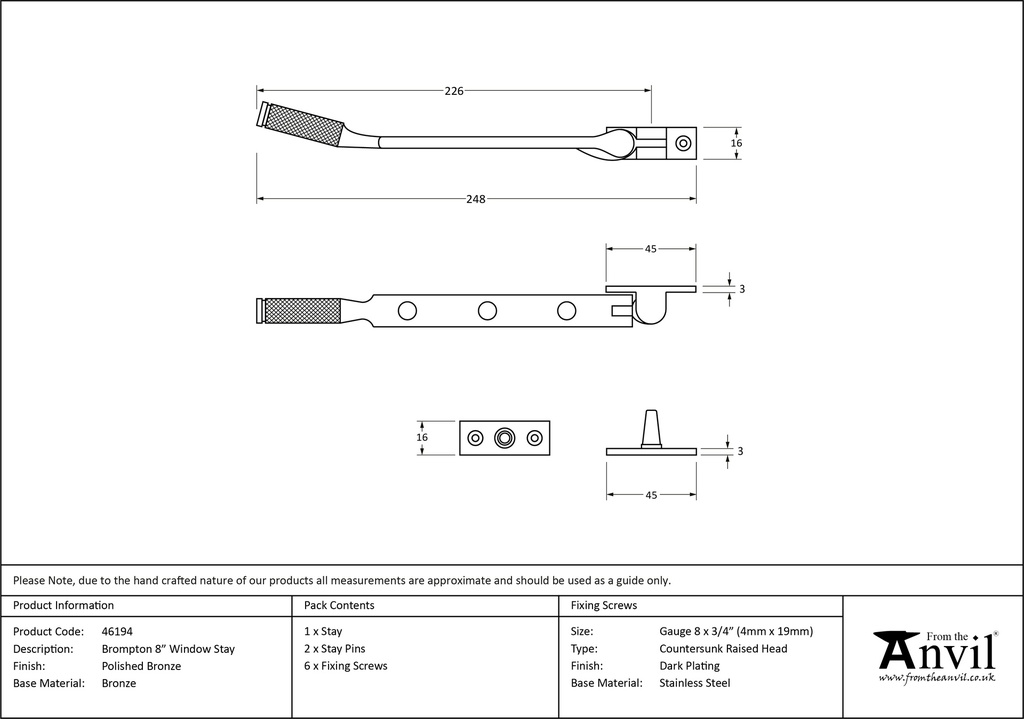 Polished Bronze 8&quot; Brompton Stay - 46194 - Technical Drawing