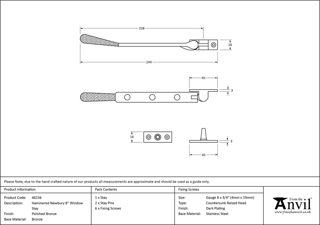 Polished Bronze 8&quot; Hammered Newbury Stay - 46156 - Technical Drawing