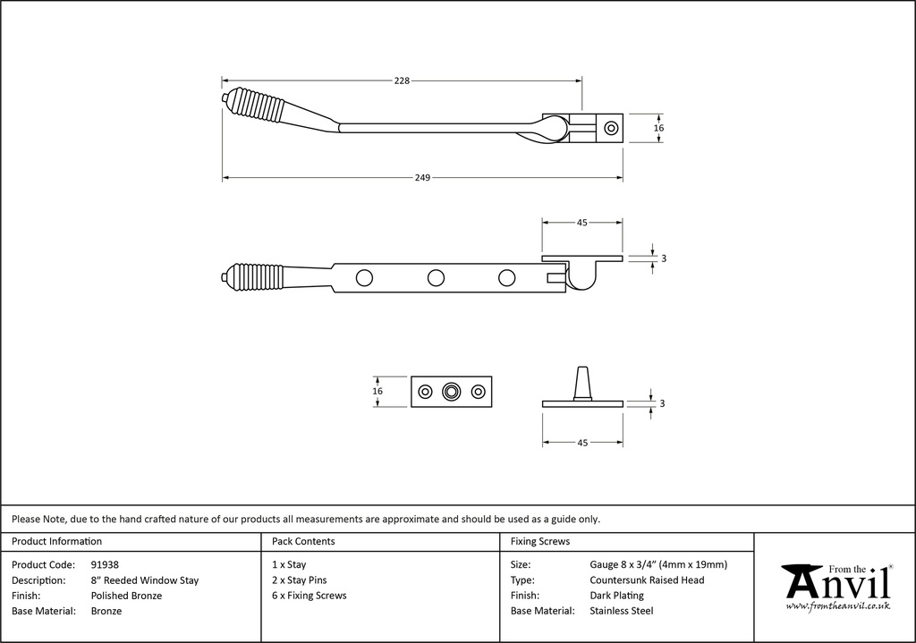 Polished Bronze 8&quot; Reeded Stay - 91938 - Technical Drawing