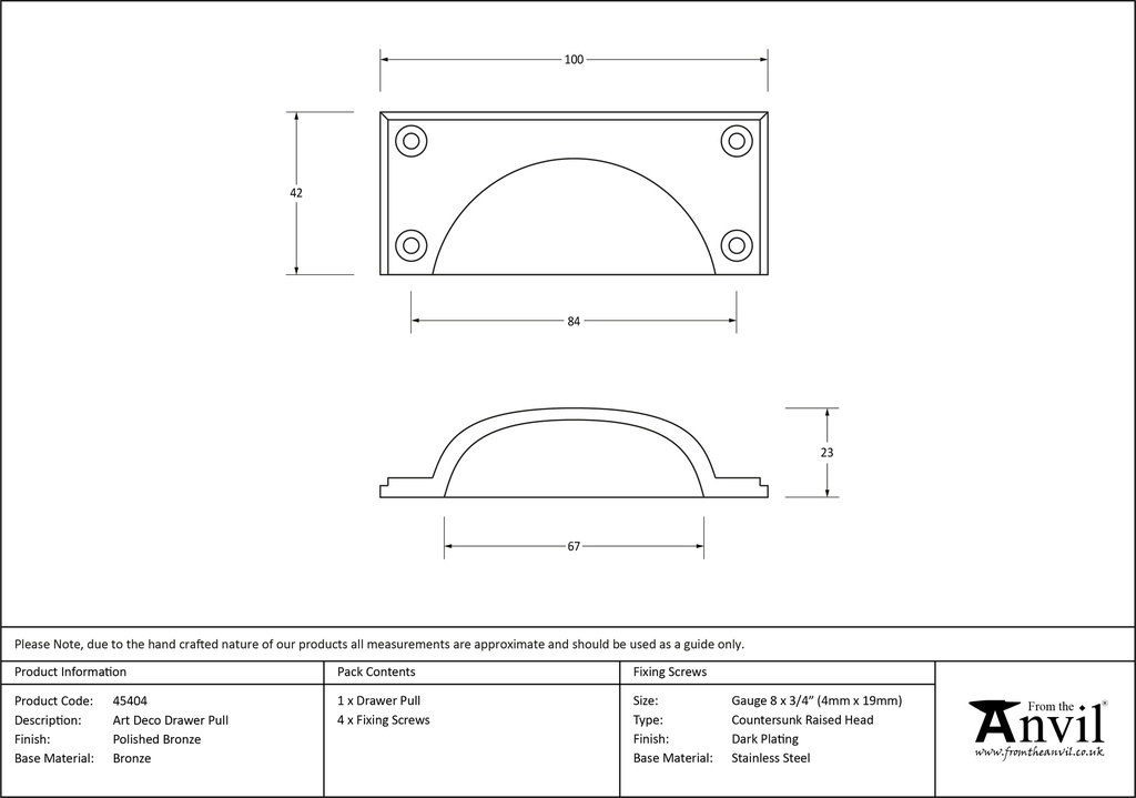 Polished Bronze Art Deco Drawer Pull - 45404 - Technical Drawing