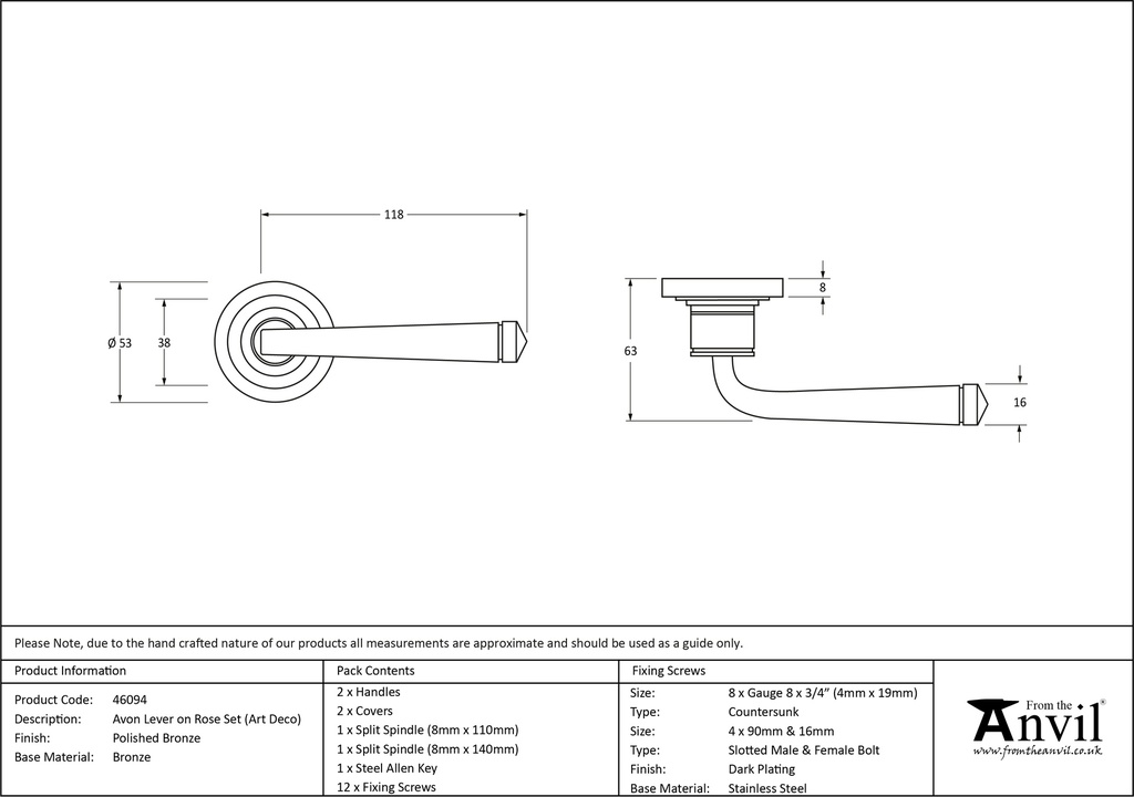 Polished Bronze Avon Round Lever on Rose Set (Art Deco) - 46094 - Technical Drawing