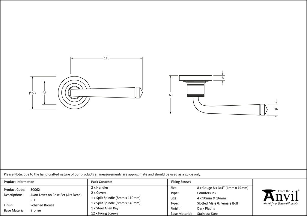 Polished Bronze Avon Round Lever on Rose Set (Art Deco) - Unsprung - 50062 - Technical Drawing