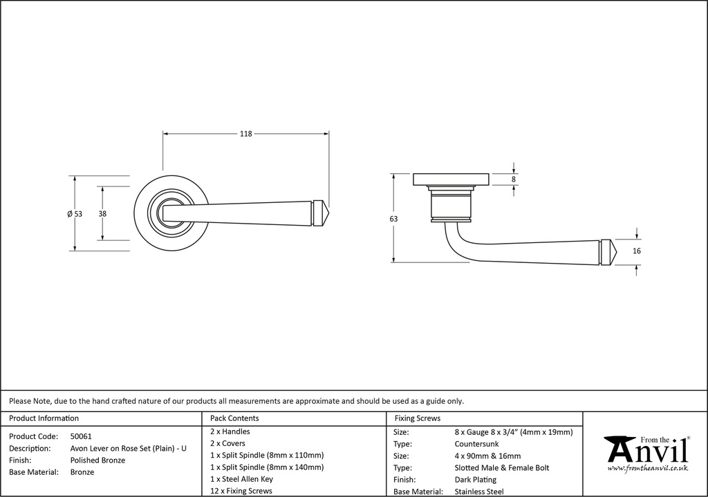 Polished Bronze Avon Round Lever on Rose Set (Plain) - Unsprung - 50061 - Technical Drawing