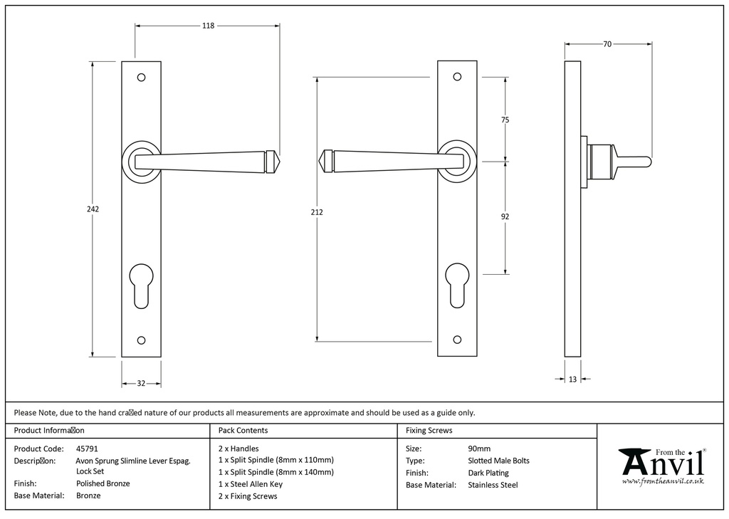 Polished Bronze Avon Slimline Espag. Lock Set - 45791 - Technical Drawing