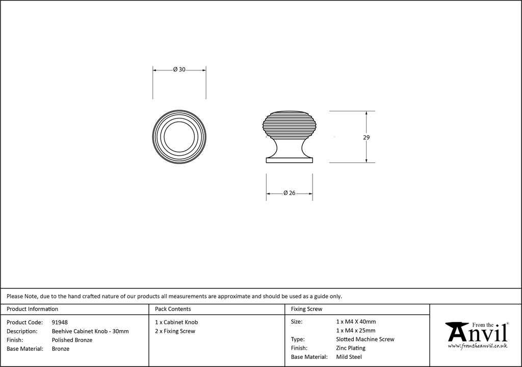 Polished Bronze Beehive Cabinet Knob 30mm - 91948 - Technical Drawing