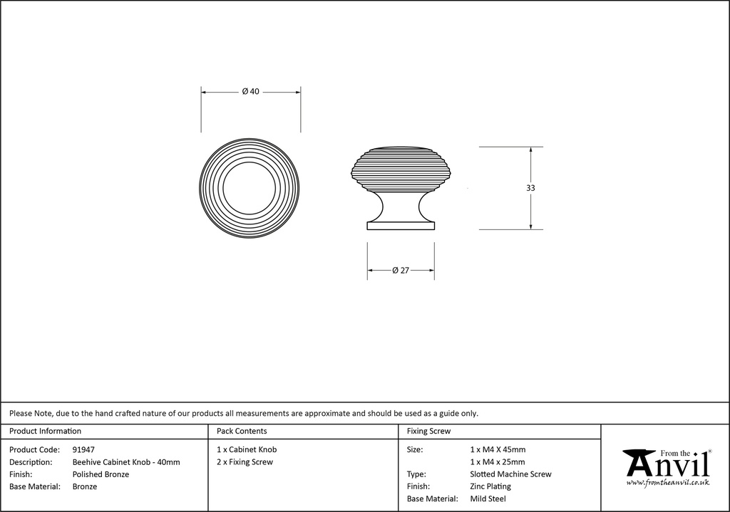 Polished Bronze Beehive Cabinet Knob 40mm - 91947 - Technical Drawing