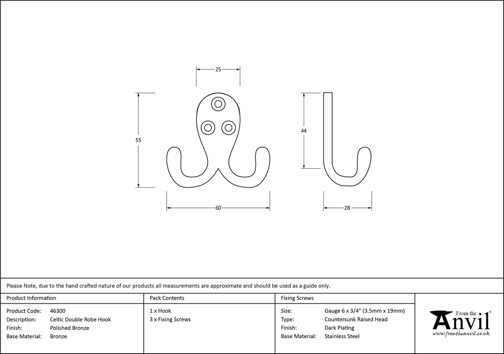 Polished Bronze Celtic Double Robe Hook - 46300 - Technical Drawing