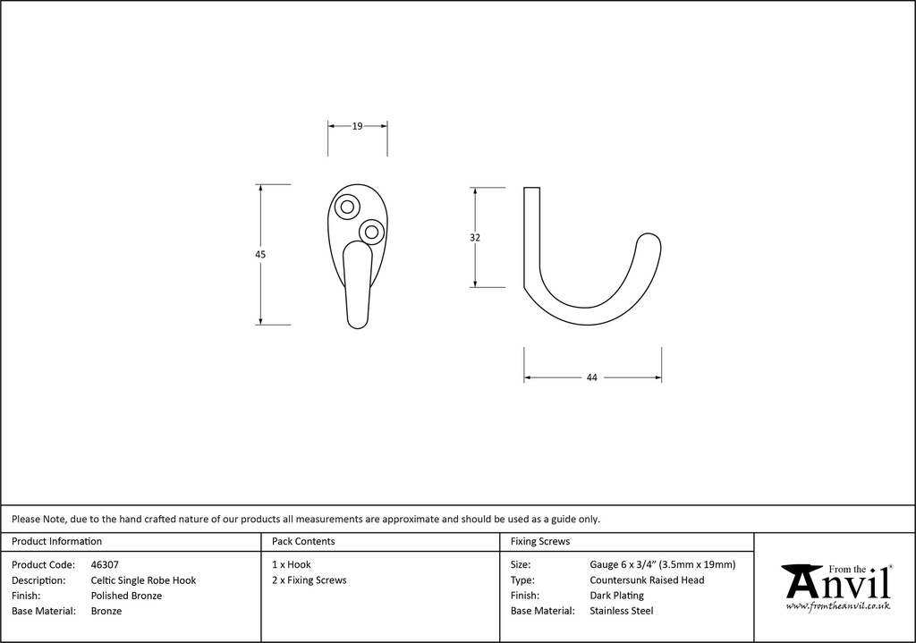 Polished Bronze Celtic Single Robe Hook - 46307 - Technical Drawing