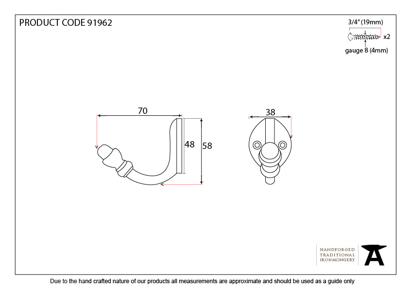 Polished Bronze Coat Hook - 91962 - Technical Drawing