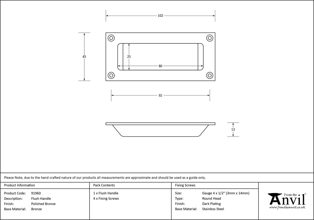 Polished Bronze Flush Handle - 91960 - Technical Drawing