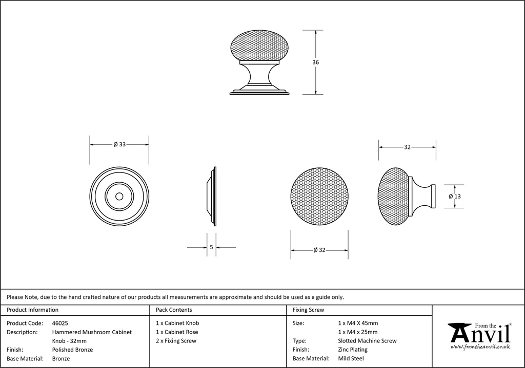 Polished Bronze Hammered Mushroom Cabinet Knob 32mm - 46025 - Technical Drawing