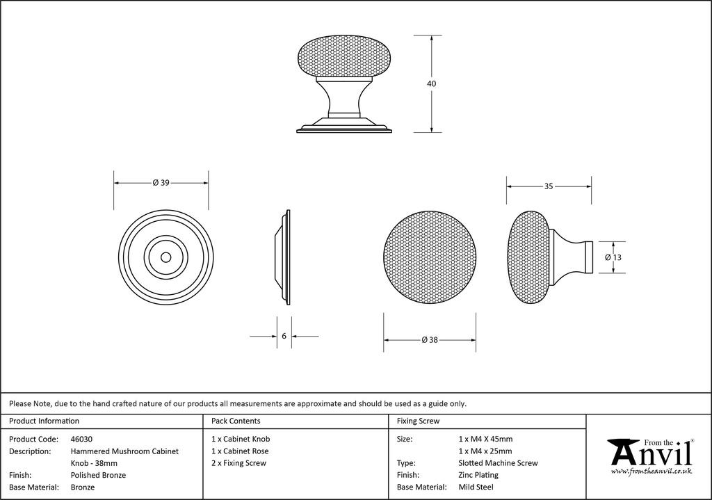 Polished Bronze Hammered Mushroom Cabinet Knob 38mm - 46030 - Technical Drawing