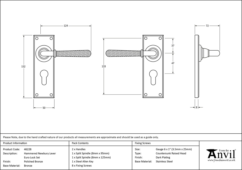 Polished Bronze Hammered Newbury Lever Euro Set - 46228 - Technical Drawing