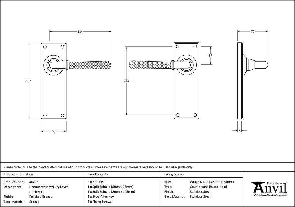 Polished Bronze Hammered Newbury Lever Latch Set - 46226 - Technical Drawing