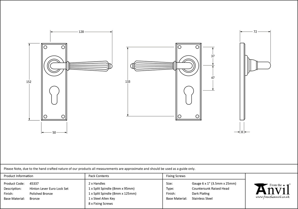 Polished Bronze Hinton Lever Euro Set - 45337 - Technical Drawing