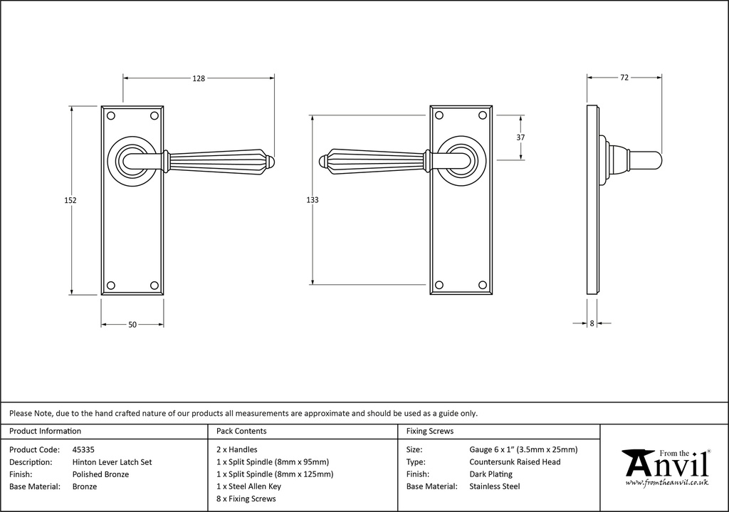 Polished Bronze Hinton Lever Latch Set - 45335 - Technical Drawing