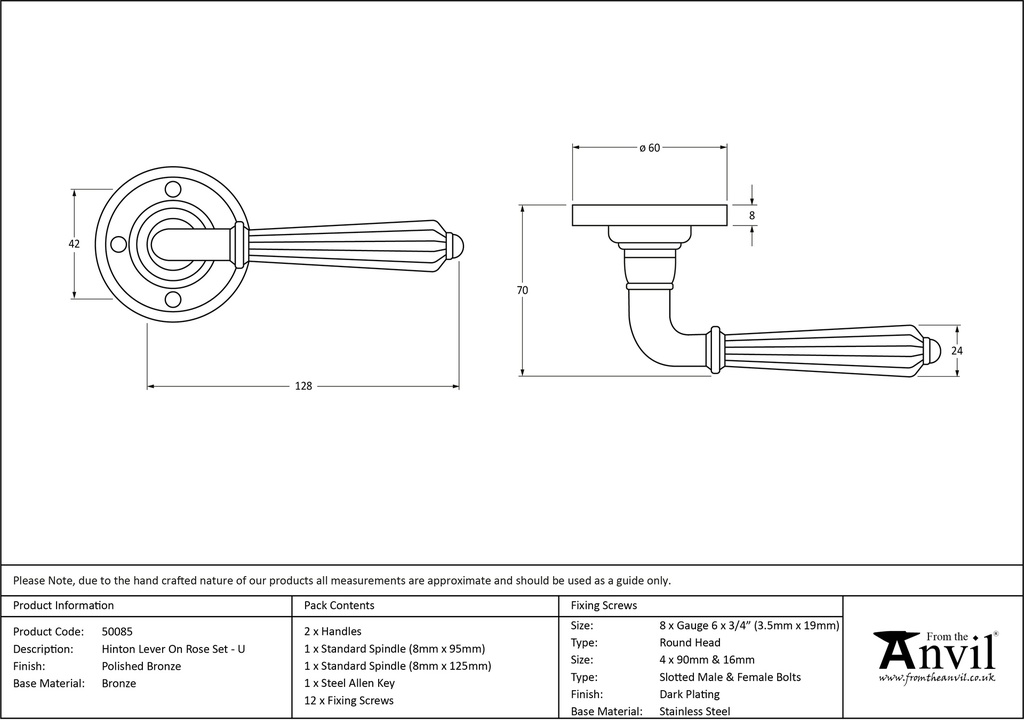 Polished Bronze Hinton Lever on Rose Set - Unsprung - 50085 - Technical Drawing