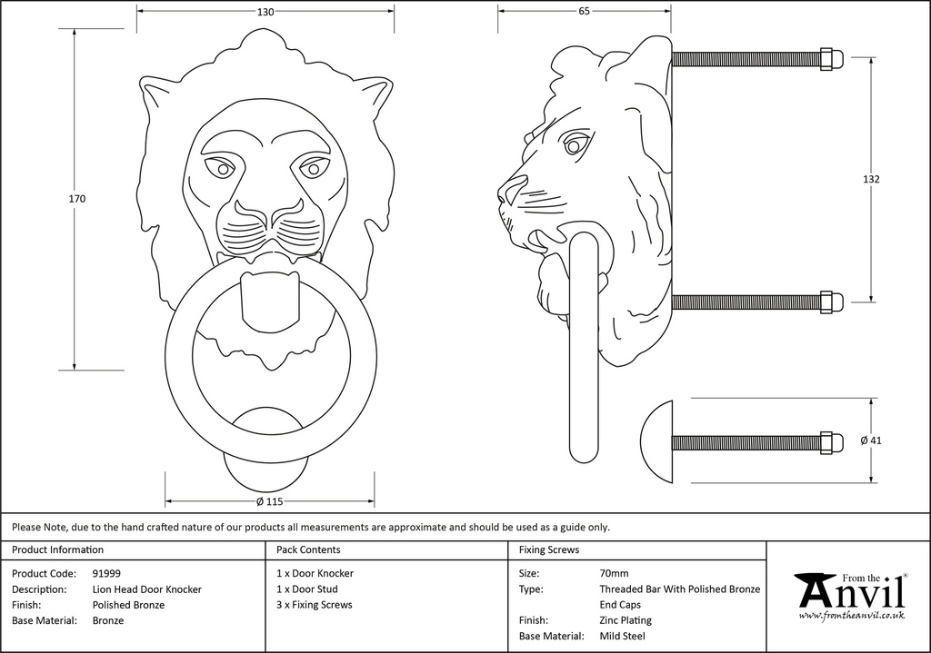 Polished Bronze Lion Head Knocker - 91999 - Technical Drawing