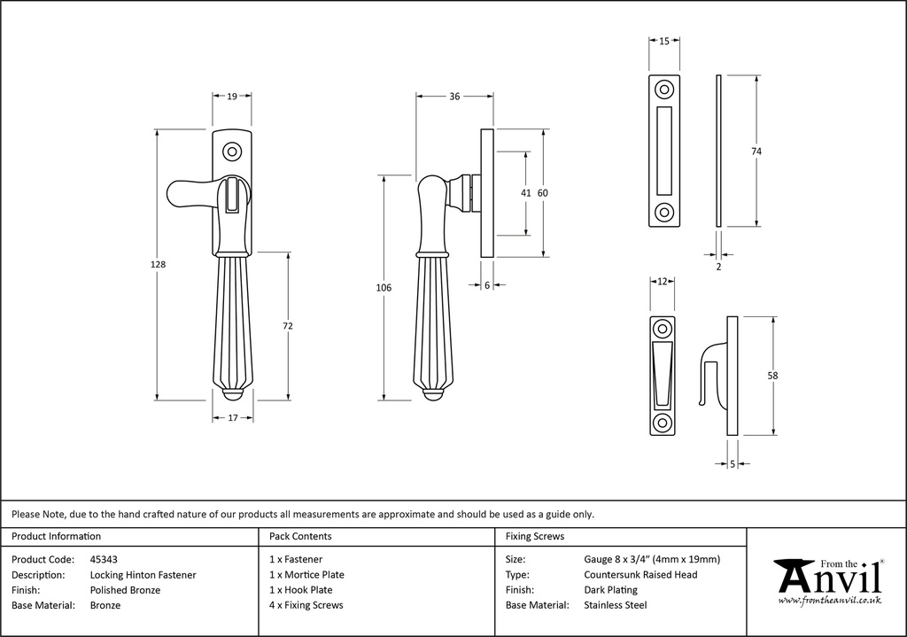 Polished Bronze Locking Hinton Fastener - 45343 - Technical Drawing
