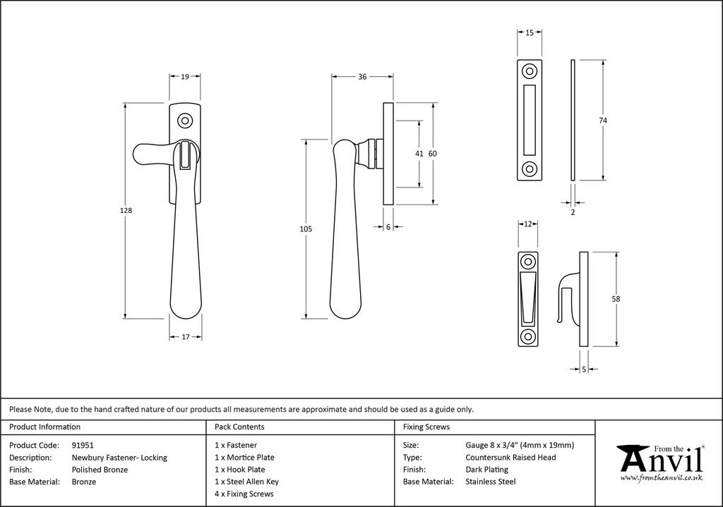 Polished Bronze Locking Newbury Fastener - 91951 - Technical Drawing