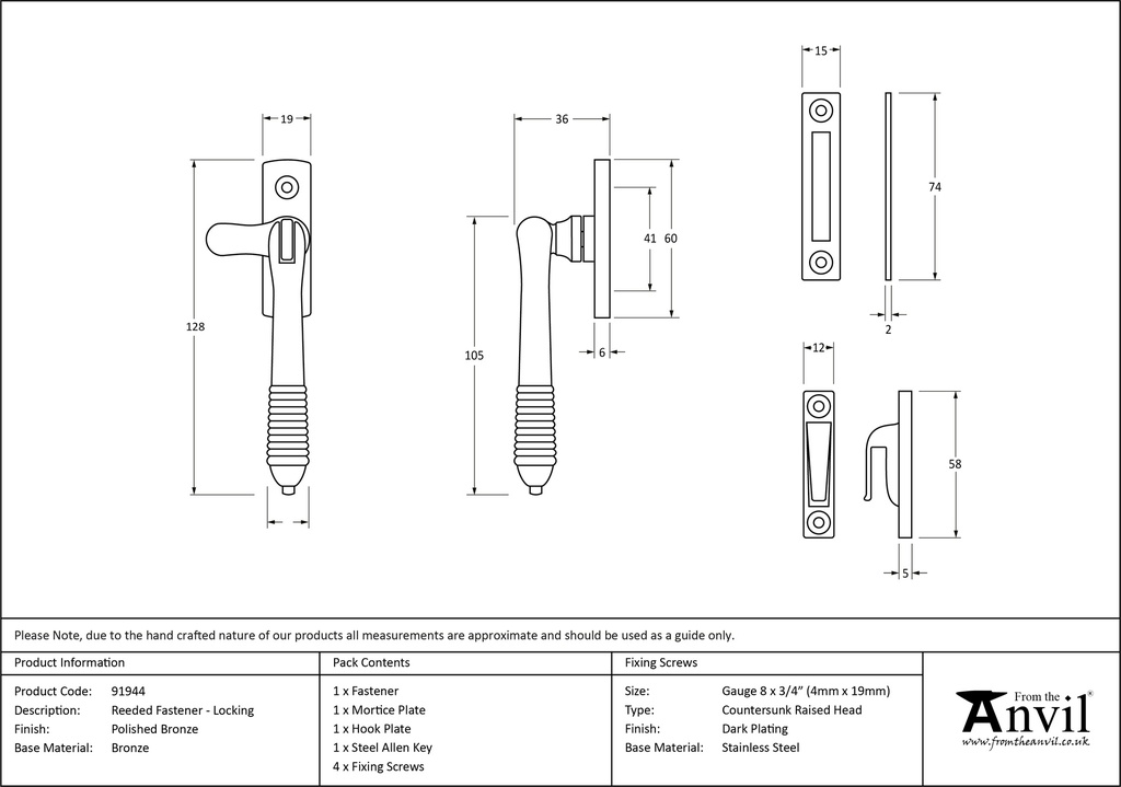 Polished Bronze Locking Reeded Fastener - 91944 - Technical Drawing