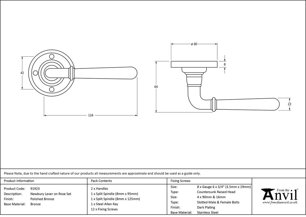 Polished Bronze Newbury Lever on Rose Set - 91923 - Technical Drawing