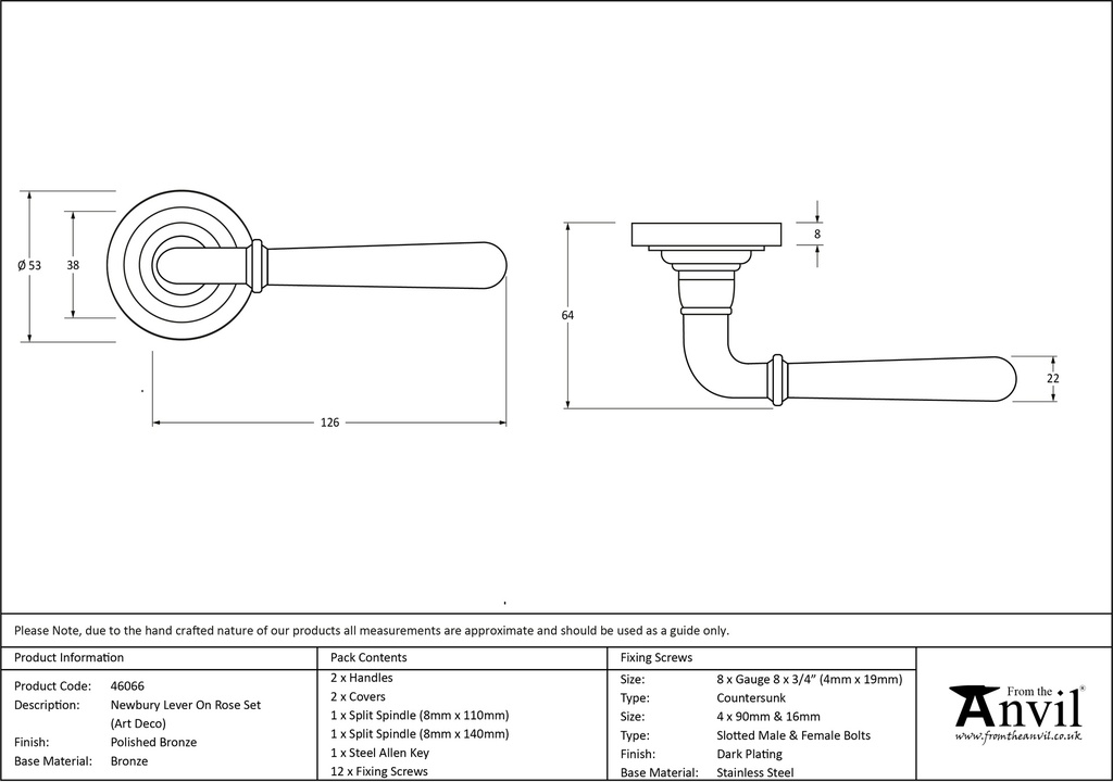 Polished Bronze Newbury Lever on Rose Set (Art Deco) - 46066 - Technical Drawing