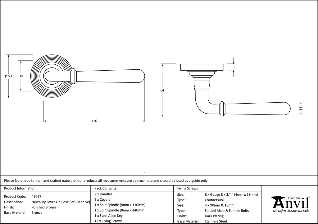 Polished Bronze Newbury Lever on Rose Set (Beehive) - 46067 - Technical Drawing